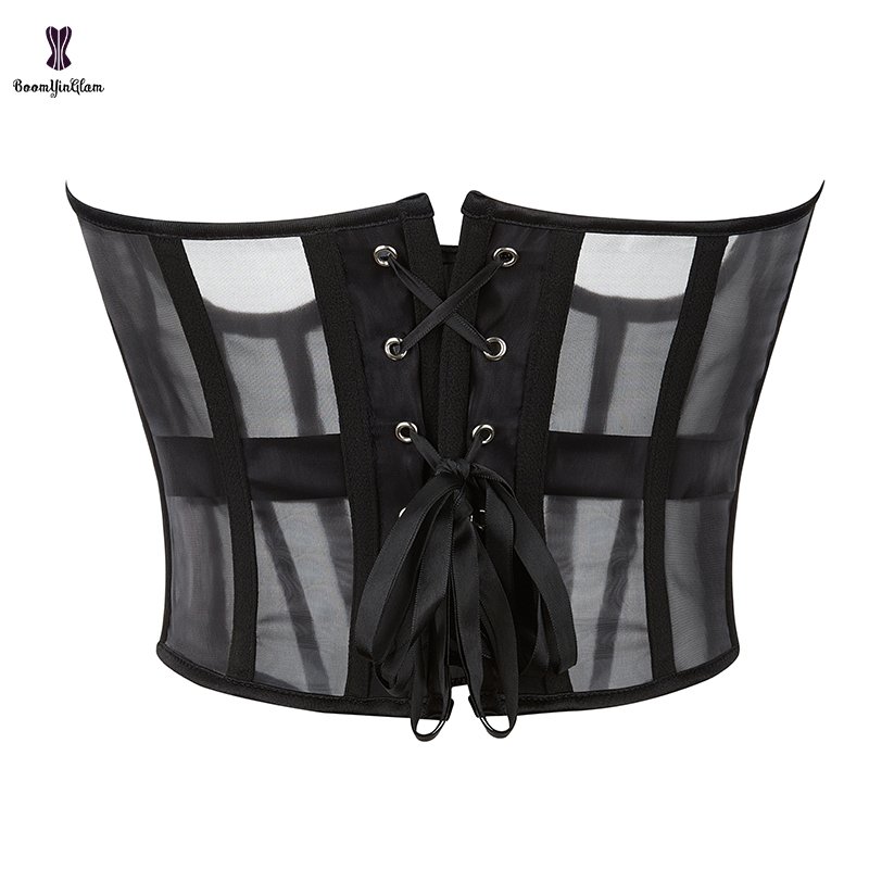 2023 New Arrival Front Zipper Lace Up Boned Cupless Bustier See Through Mesh Corset Crop Top For Summer Women Clothing