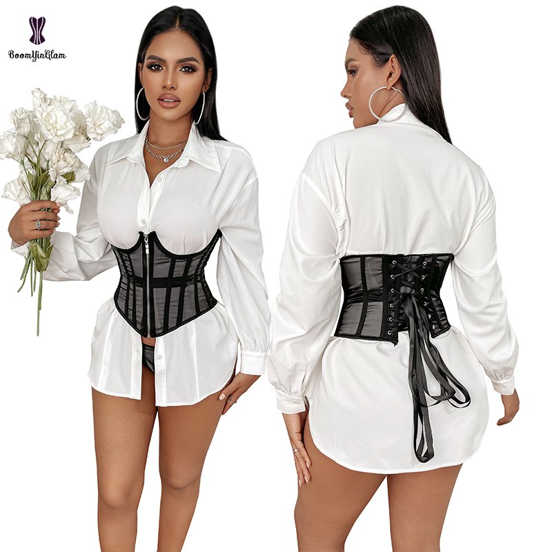 2023 New Arrival Front Zipper Lace Up Boned Cupless Bustier See Through Mesh Corset Crop Top For Summer Women Clothing
