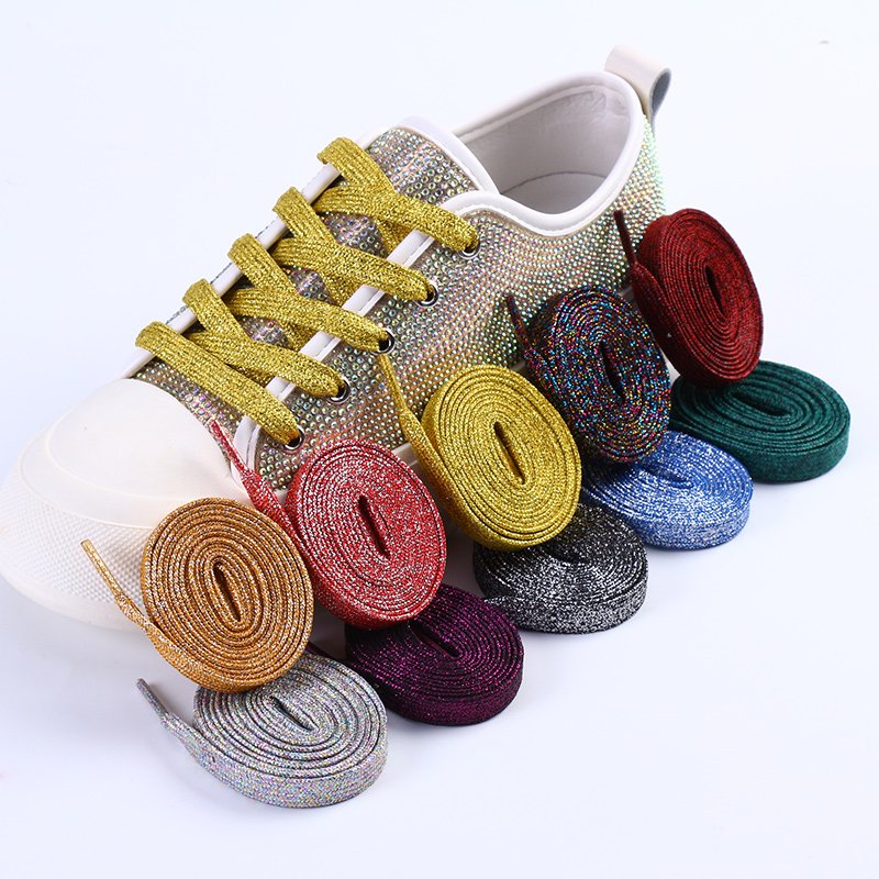 10mm Width Colorful Shiny Colorful Shiny Bling Flat Shoe Lace Sport Running Sneaker Gold Lace Silver Metallic Flat Shoelaces