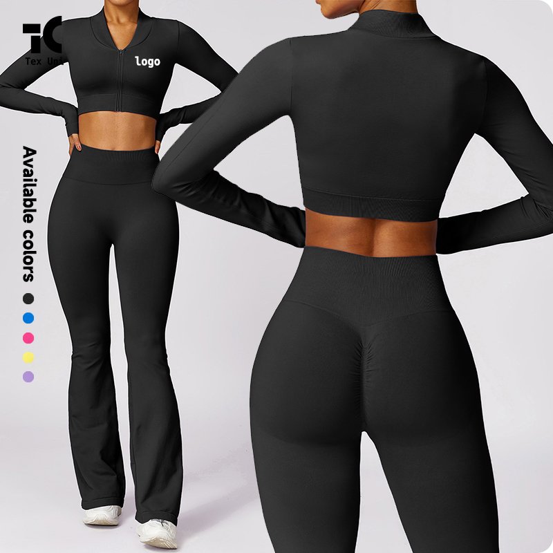 Tight Seamless Beautiful Back Set Women's Casual Hip Lift Slightly Horn Fitness Exercise Suit Flare Yoga Pants Ribbed Yoga Sets