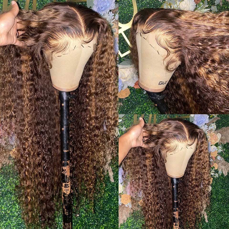 Long Highlight Ombre Brown Lace Front Human Hair Wig Curly Honey Blonde Colored Deep Wave Frontal Wigs For Black Women
