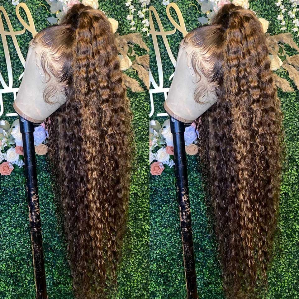 Long Highlight Ombre Brown Lace Front Human Hair Wig Curly Honey Blonde Colored Deep Wave Frontal Wigs For Black Women