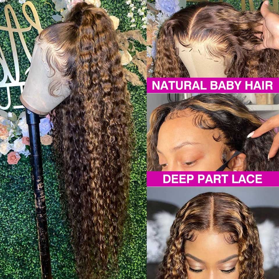 Long Highlight Ombre Brown Lace Front Human Hair Wig Curly Honey Blonde Colored Deep Wave Frontal Wigs For Black Women