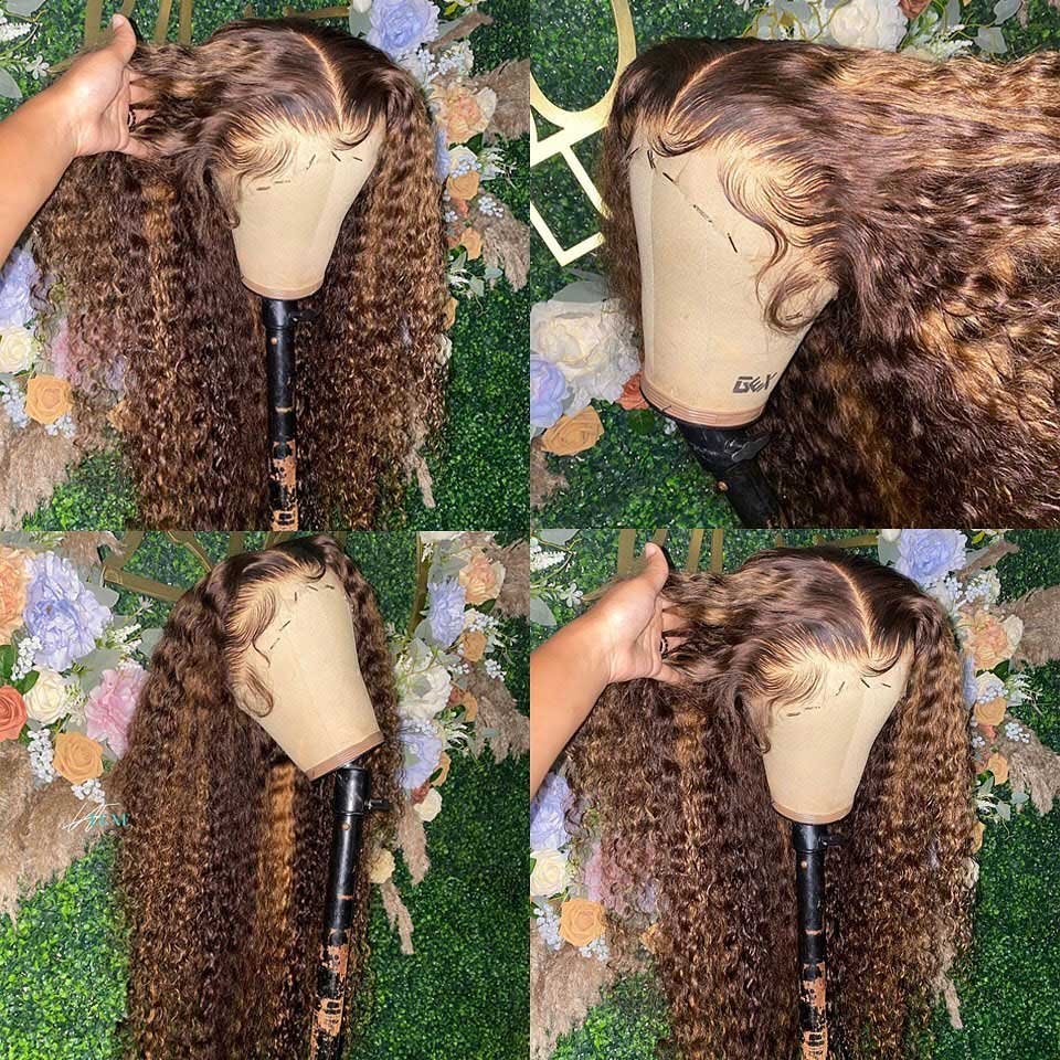 Long Highlight Ombre Brown Lace Front Human Hair Wig Curly Honey Blonde Colored Deep Wave Frontal Wigs For Black Women