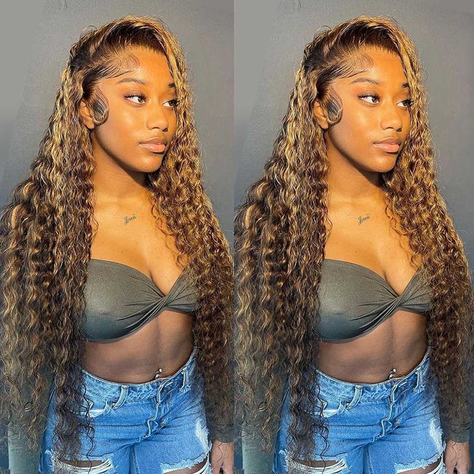 Long Highlight Ombre Brown Lace Front Human Hair Wig Curly Honey Blonde Colored Deep Wave Frontal Wigs For Black Women