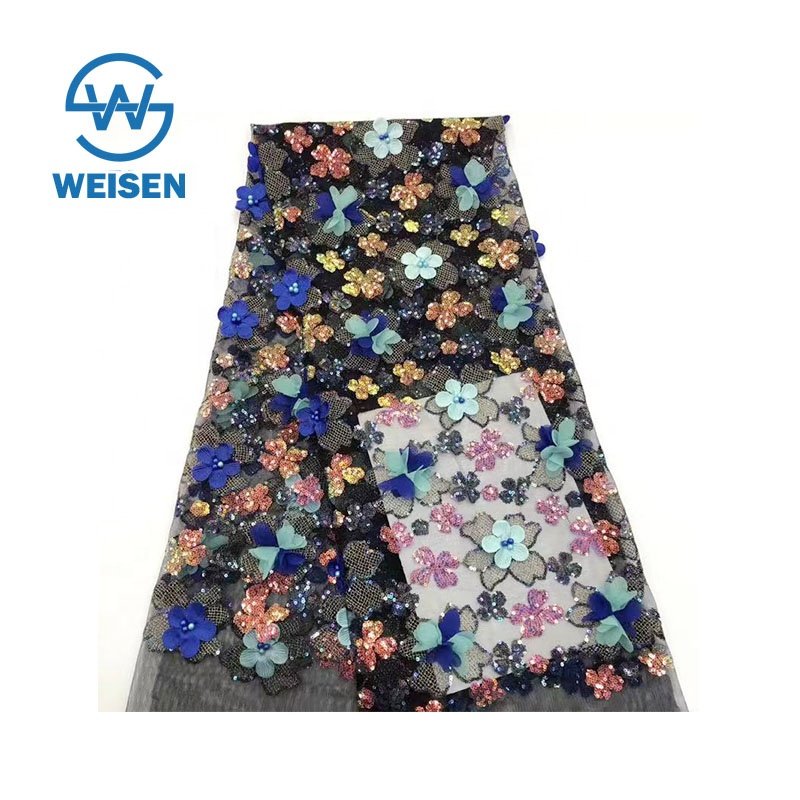 Floral Flower Embroidery Fabric, African Gold 3D Sequin Lace Fabric