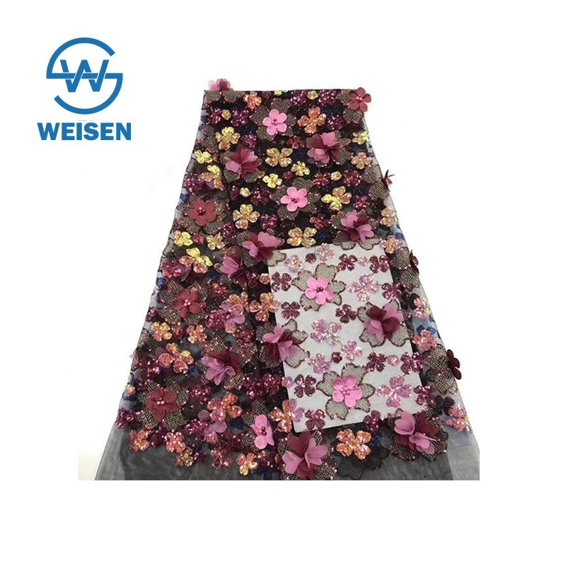 Floral Flower Embroidery Fabric, African Gold 3D Sequin Lace Fabric