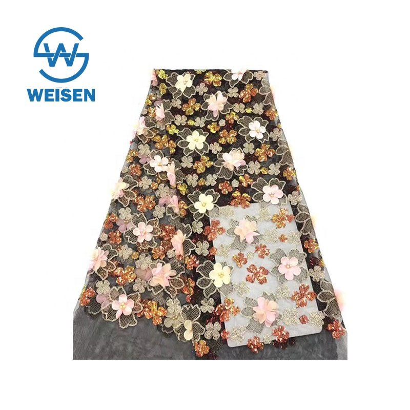 Floral Flower Embroidery Fabric, African Gold 3D Sequin Lace Fabric
