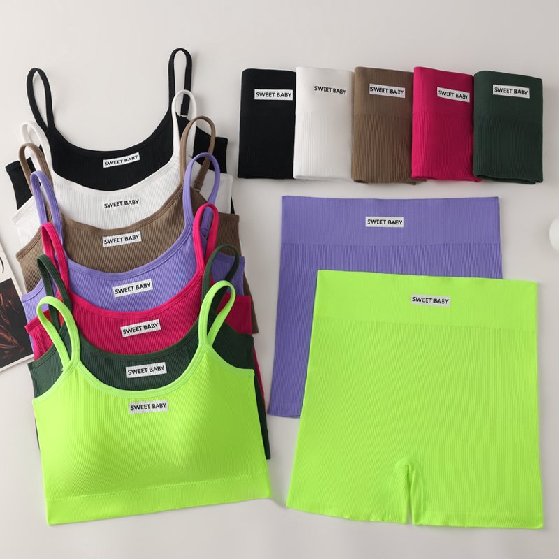 Summer Wholesale fashion Ribbed sports suit Yoga tube top and Shorts Shock absorption anti-shake seamless bra Set For Women
