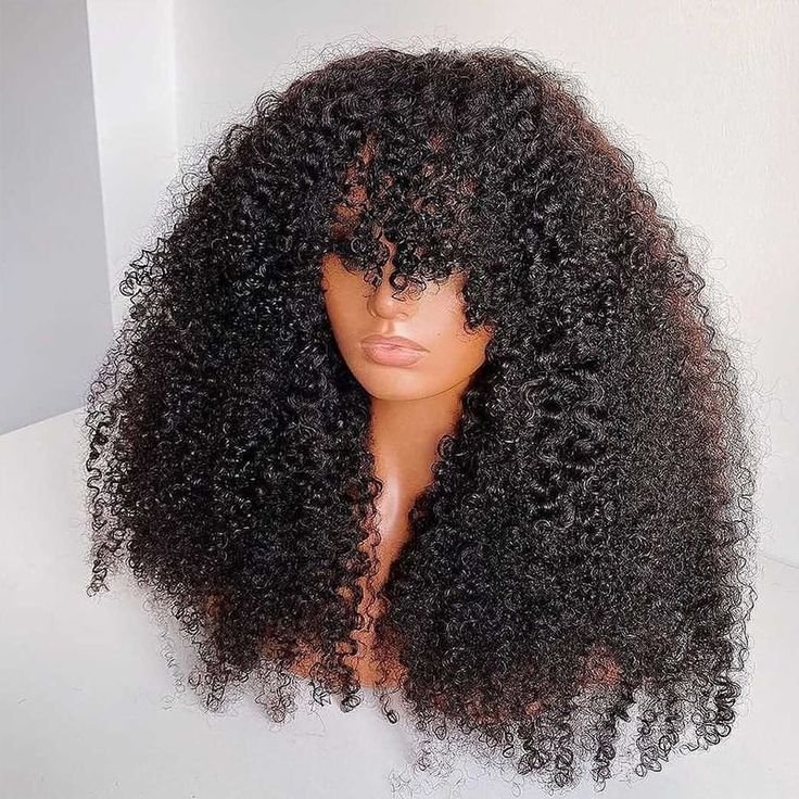 Wear and Go Kinky Curly Wave Human Hair Wigs With Bangs Short Bob Wavy Full Machine Made Non Lace Wig Natural Black for Women