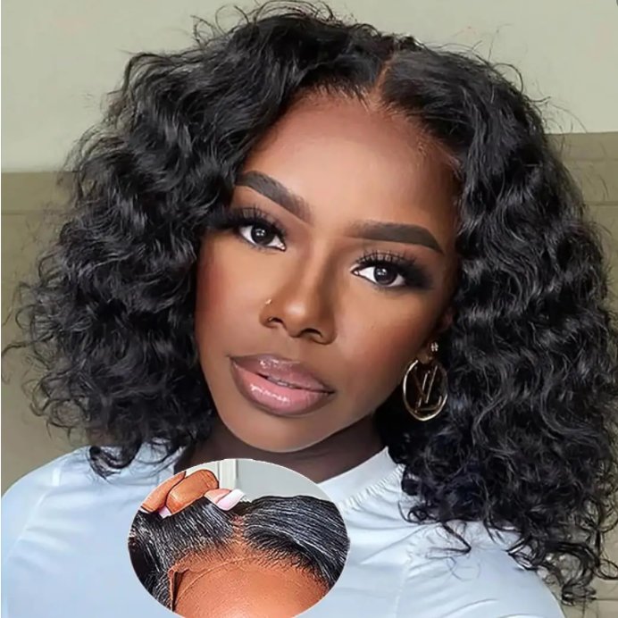 Wear and Go Kinky Curly Wave Human Hair Wigs With Bangs Short Bob Wavy Full Machine Made Non Lace Wig Natural Black for Women
