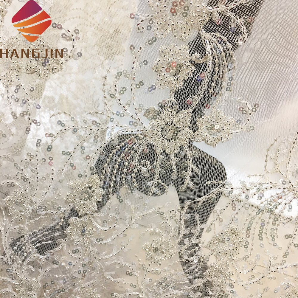 Handmade French Beading Lace With Sequins Heavy Beaded Lace Handwork Bridal Fabric for Evening Dresses Party