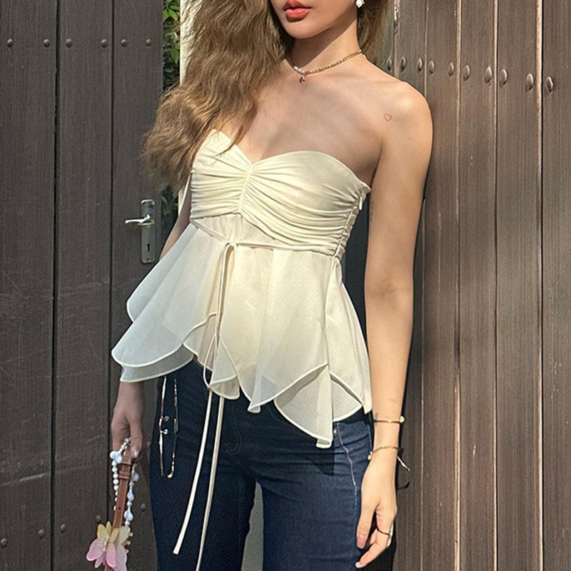 Girly style simple pleated tank top vest irregular women lace sexy strapless inner wear blouse