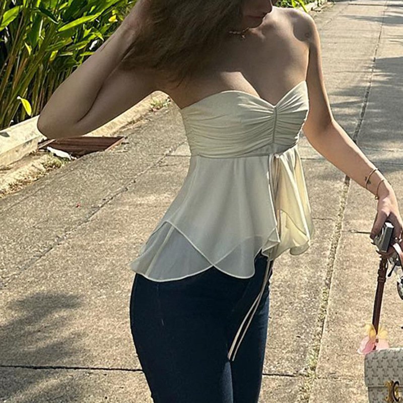 Girly style simple pleated tank top vest irregular women lace sexy strapless inner wear blouse