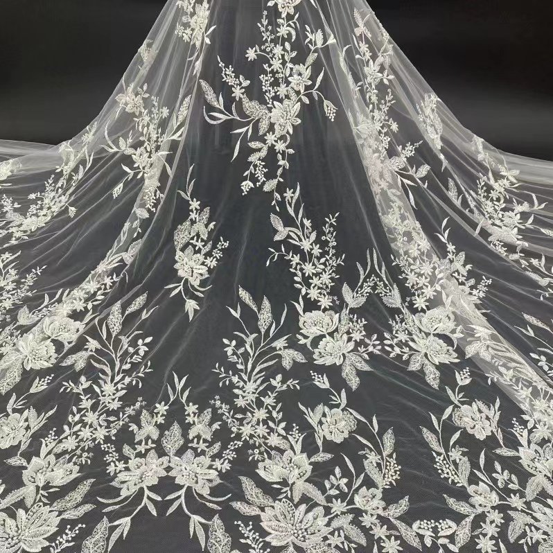 wholesale white Flower soft tulle Beaded Sequin accessory embroidery lace fabric for Wedding Dress Women's Dress
