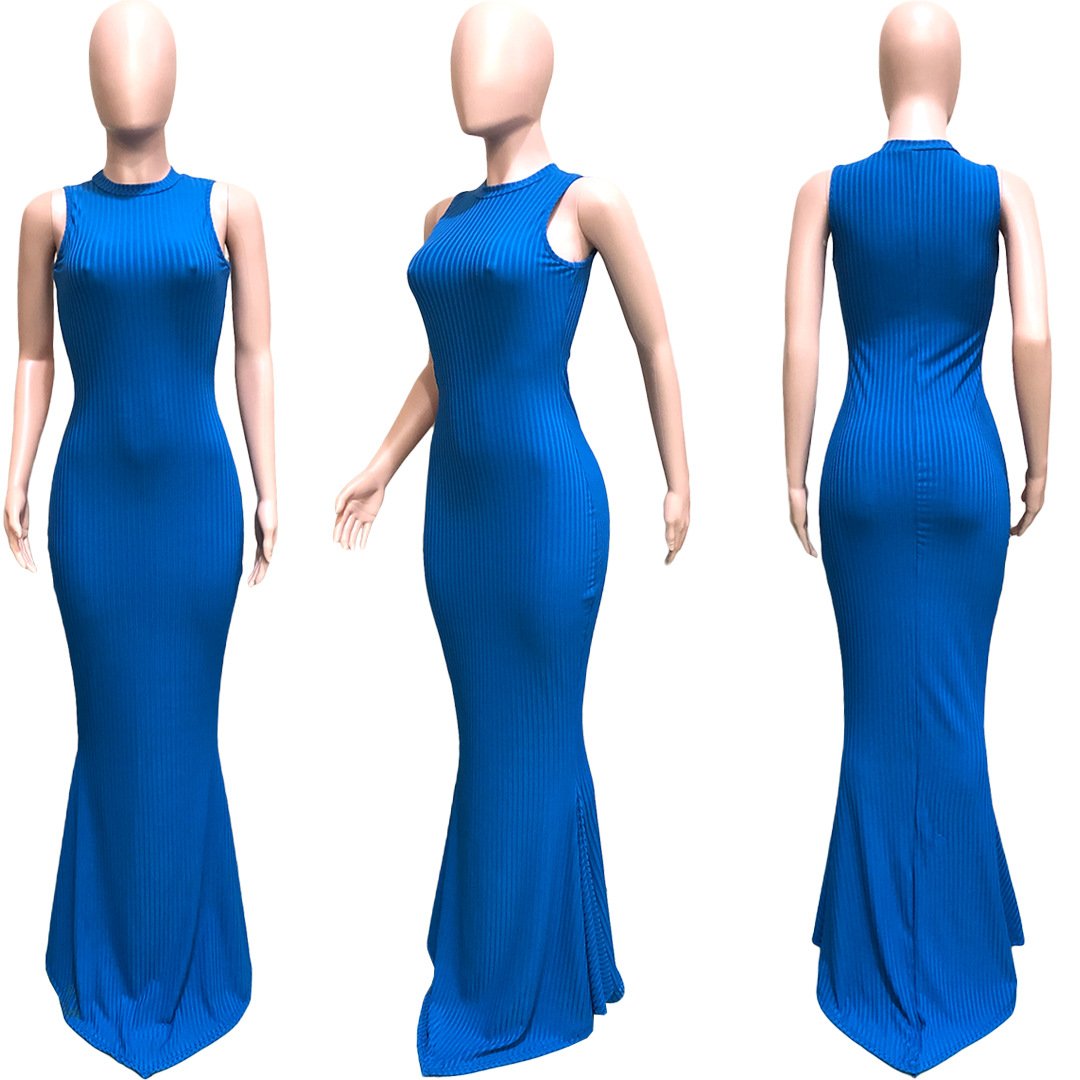 trending products selling Solid color ribbed knitted sleeveless fishtail floor-length dress for women