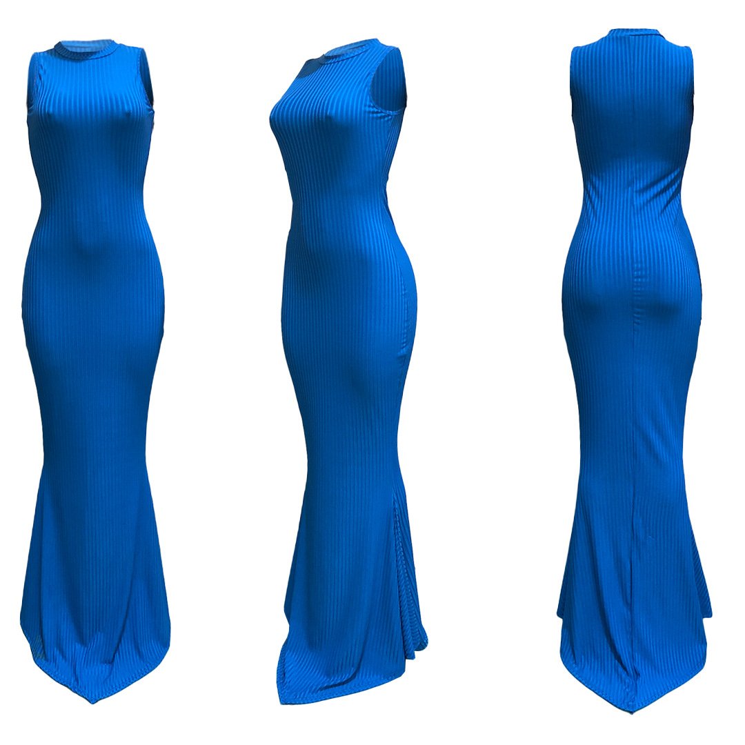 trending products selling Solid color ribbed knitted sleeveless fishtail floor-length dress for women