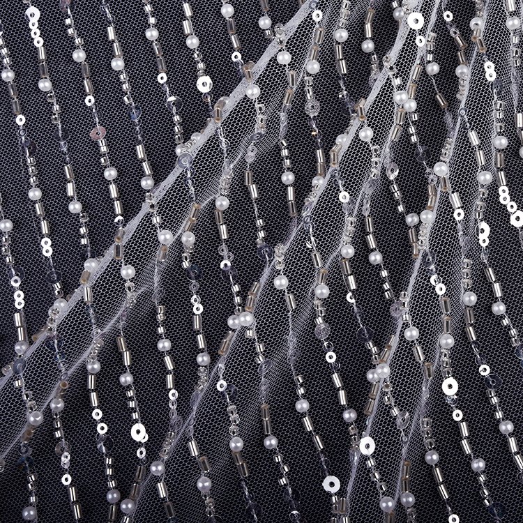 High Quality White Wedding Dress Sequin Embroidery Lace Fabric with beads and pearl