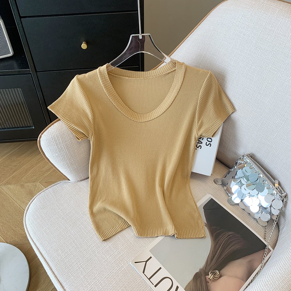 Summer Simple Style Solid U Neck Stretchy Ribbed Knitwear Thin Slim Basic Short-Sleeved Pullover Tees Knitted Top Women T-Shirt