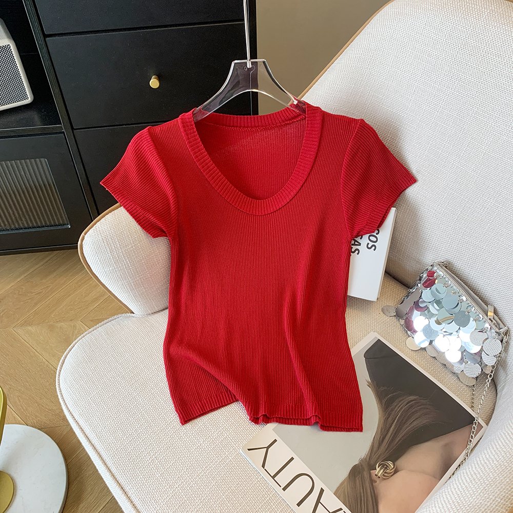 Summer Simple Style Solid U Neck Stretchy Ribbed Knitwear Thin Slim Basic Short-Sleeved Pullover Tees Knitted Top Women T-Shirt