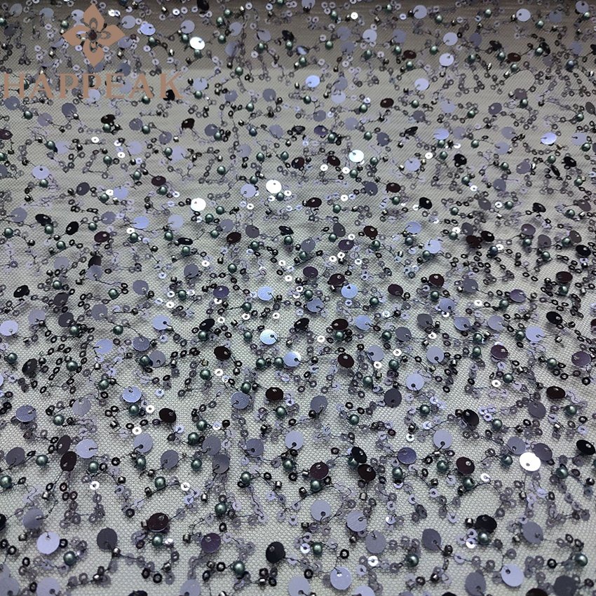 HAPPEAK high quality sequin beaded lace wholesale fancy tulle embroidery sequins fabric for wedding dress