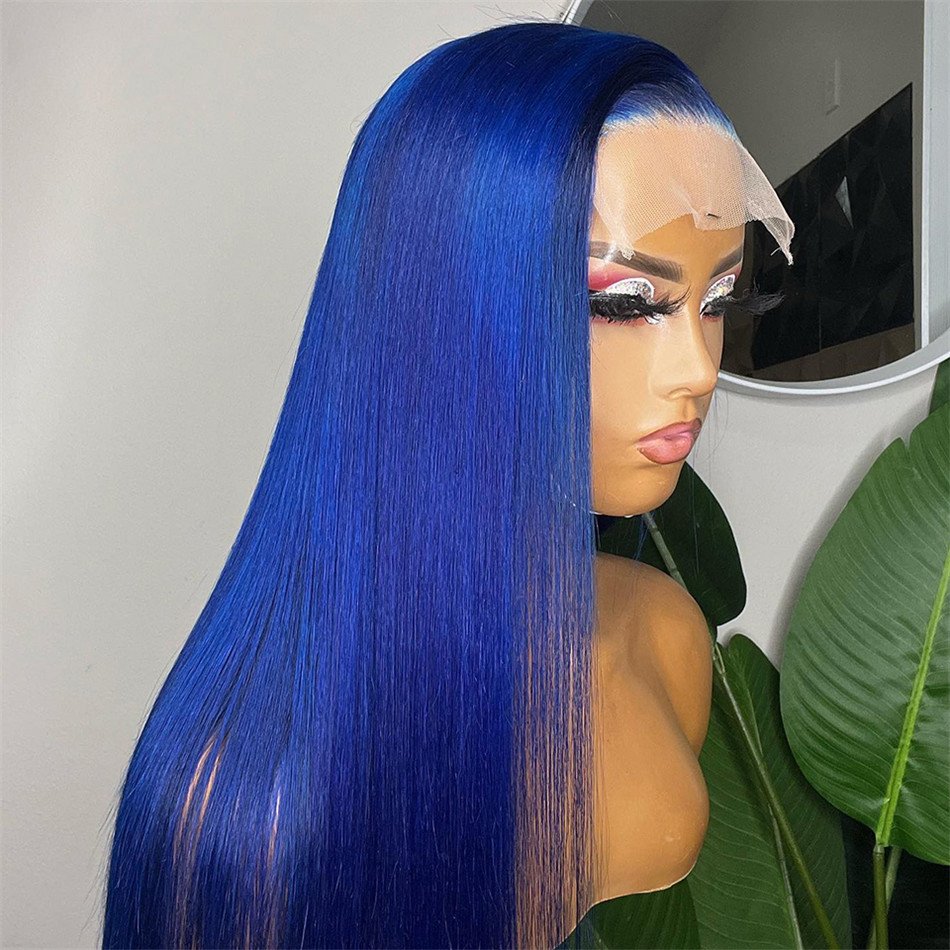 Cheap Blue Colored Wigs Human Hair Lace Front HD Lace Frontal Wig Vendor Bone Straight Blue Color Lace Front Wig For Black Women