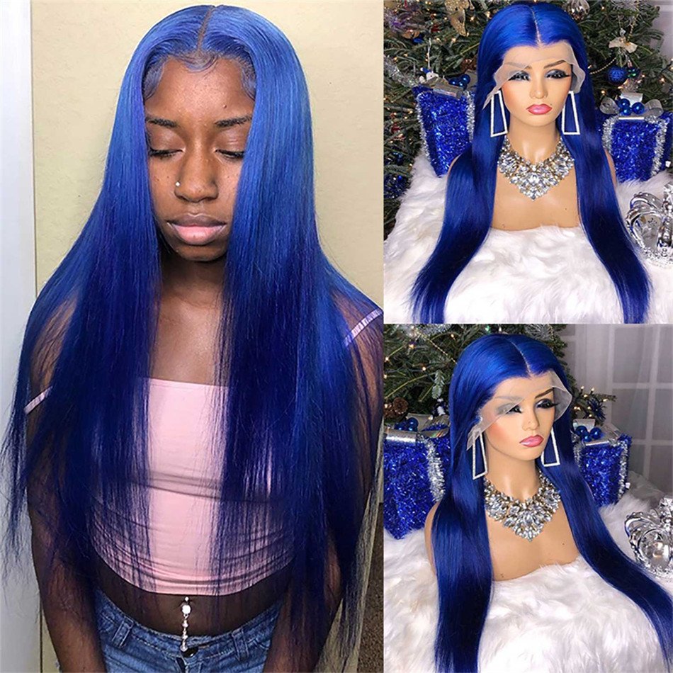 Cheap Blue Colored Wigs Human Hair Lace Front HD Lace Frontal Wig Vendor Bone Straight Blue Color Lace Front Wig For Black Women
