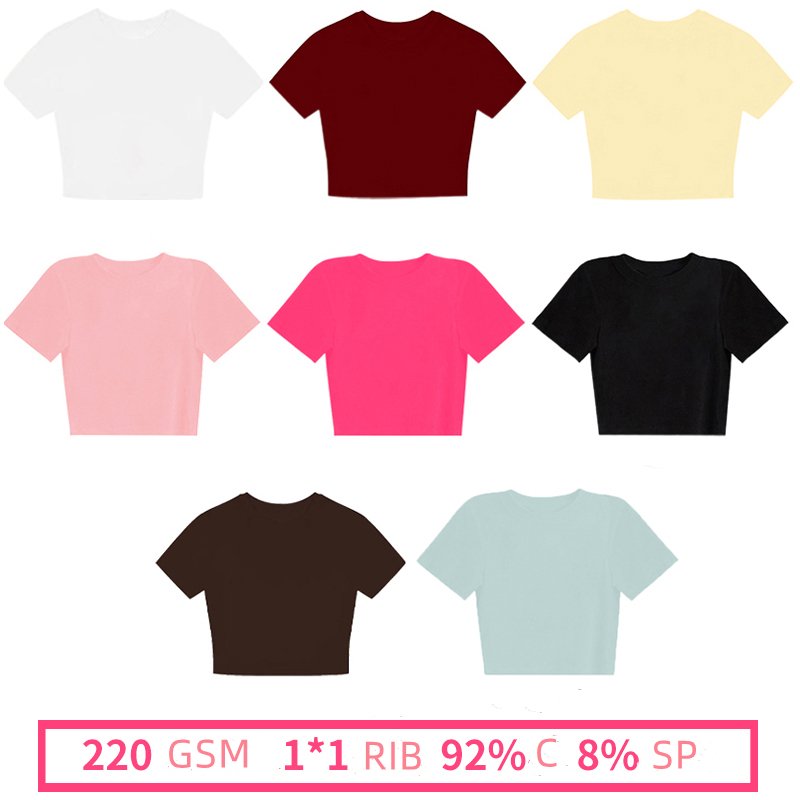 RUICHI 220gsm 92% Cotton 8% Spandex Custom Logo Printed Women Ribbed Crop Tshirt