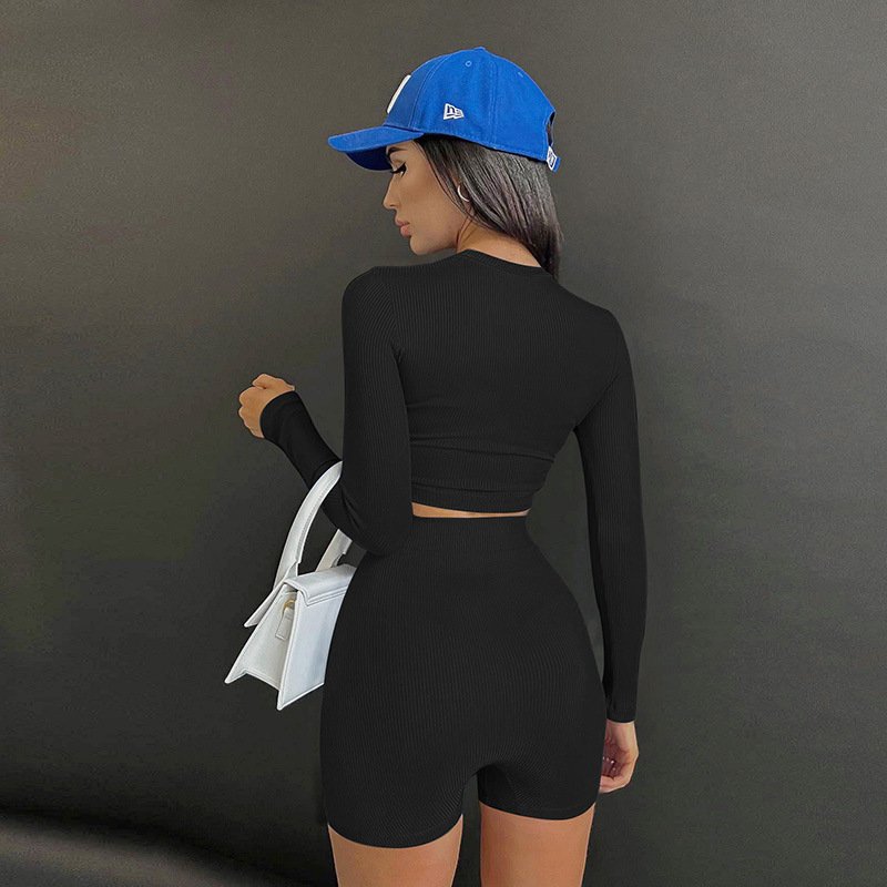 Women's long-sleeved top basic rib high-waisted printed shorts suit European&American casual fashion two-piece set for women