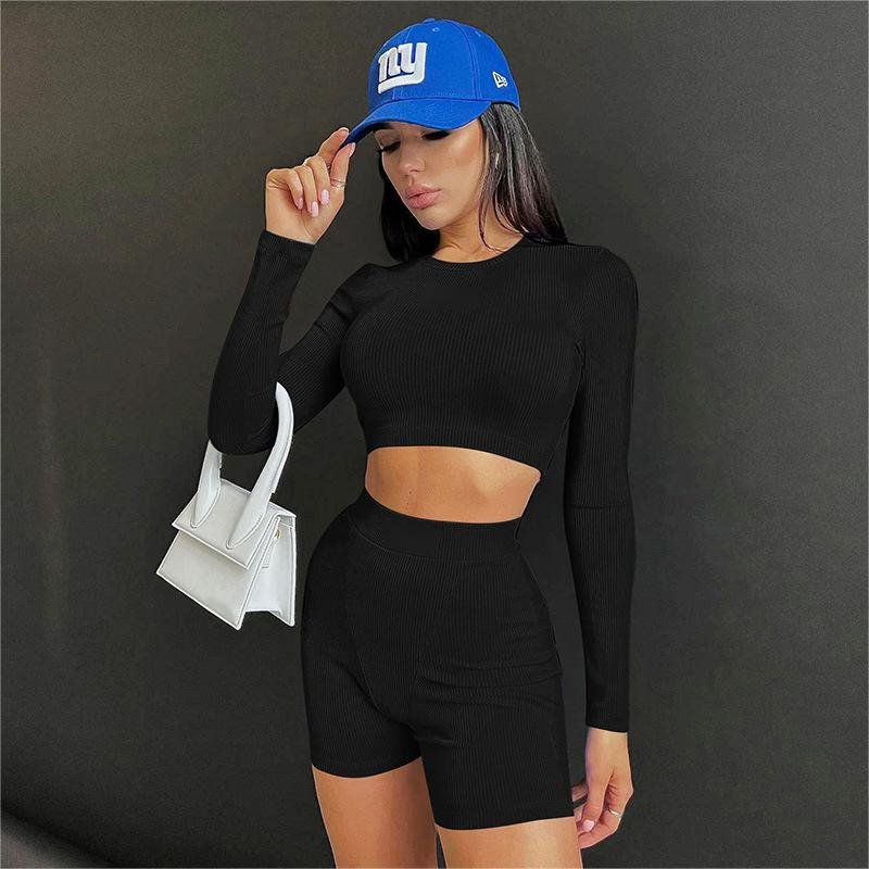 Women's long-sleeved top basic rib high-waisted printed shorts suit European&American casual fashion two-piece set for women