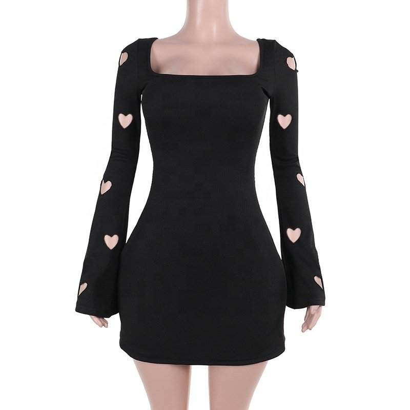 Autumn 2024 Trendy Fashion U Neckline Long Sleeves Black Dresses Embrioded Designer Ladies Casual Rib Dress