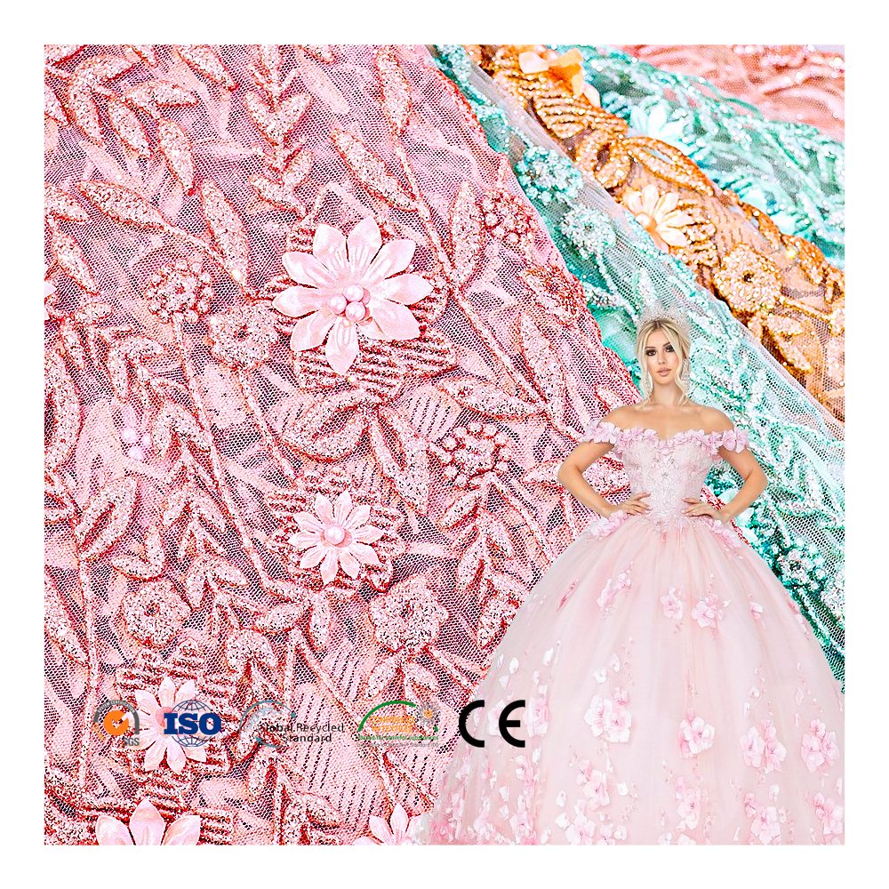 High Quality 3d Embroidery Fabric Colorful Glitter Mesh Fabric For Evening Dress
