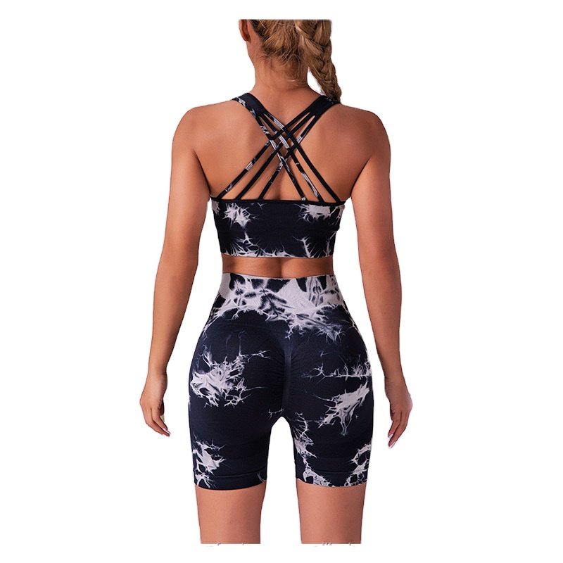 2 piece ribbed stretchy shoulder strap sports bra high waist yoga short outfits workout sets for women