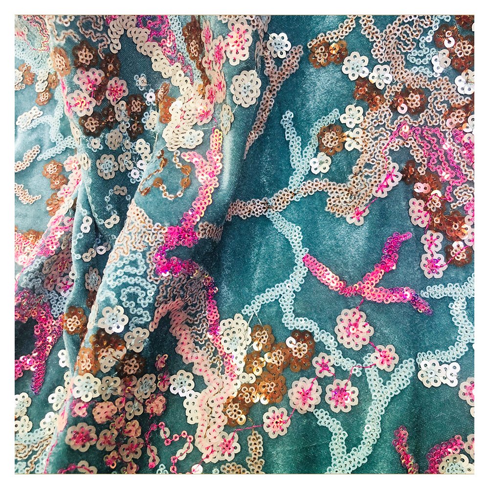 2020 custom bridal embroidery blue velvet lace flower multicolor sequin fabric
