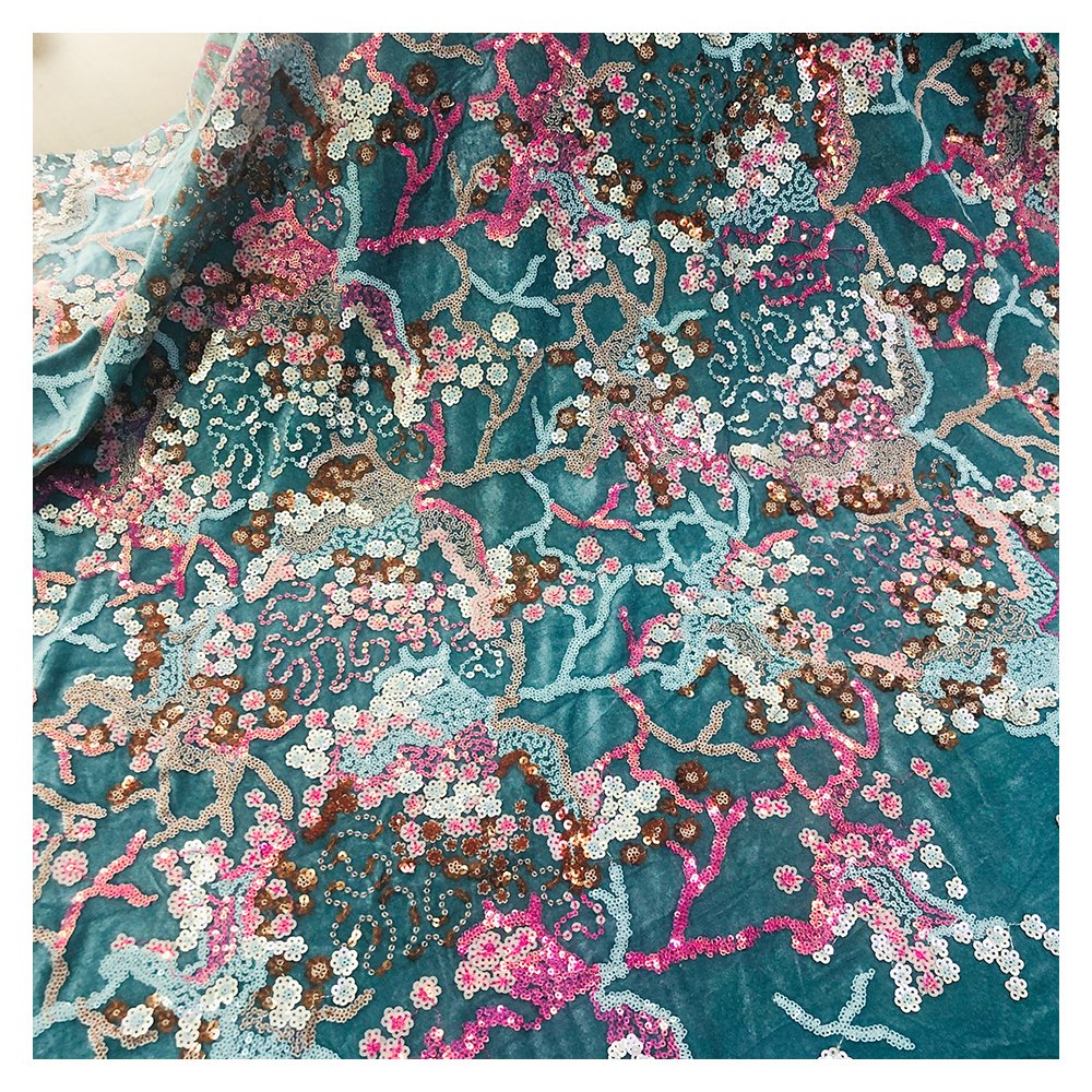 2020 custom bridal embroidery blue velvet lace flower multicolor sequin fabric