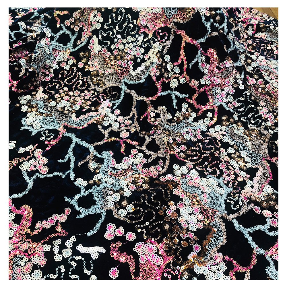 2020 custom bridal embroidery blue velvet lace flower multicolor sequin fabric