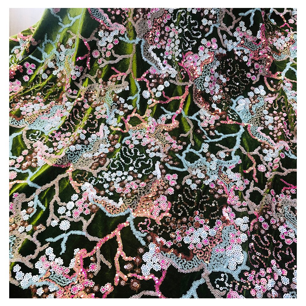 2020 custom bridal embroidery blue velvet lace flower multicolor sequin fabric
