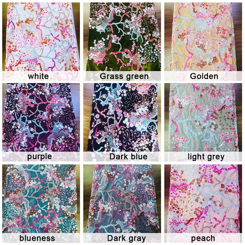 2020 custom bridal embroidery blue velvet lace flower multicolor sequin fabric