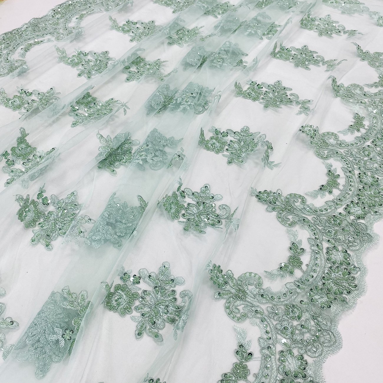 AFFINITY green fashion bridal fabric custom made sequin beaded tulle embroidery french lace fabric for wedding party dress