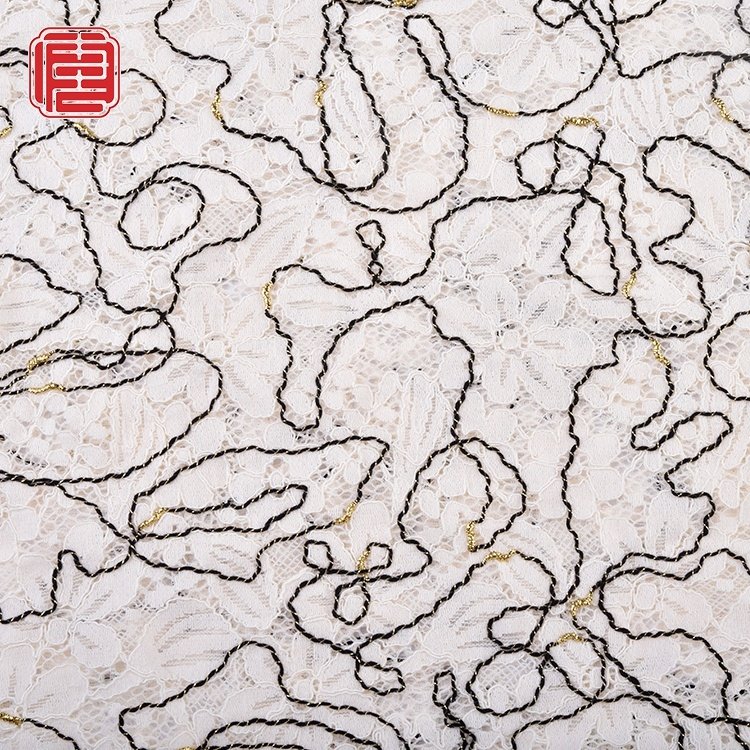 China Wholesale Bridal Lace Fabric Rope Embroidery Wear Resistant 100% Polyester Woven Custom Embroidery Fabric for dress