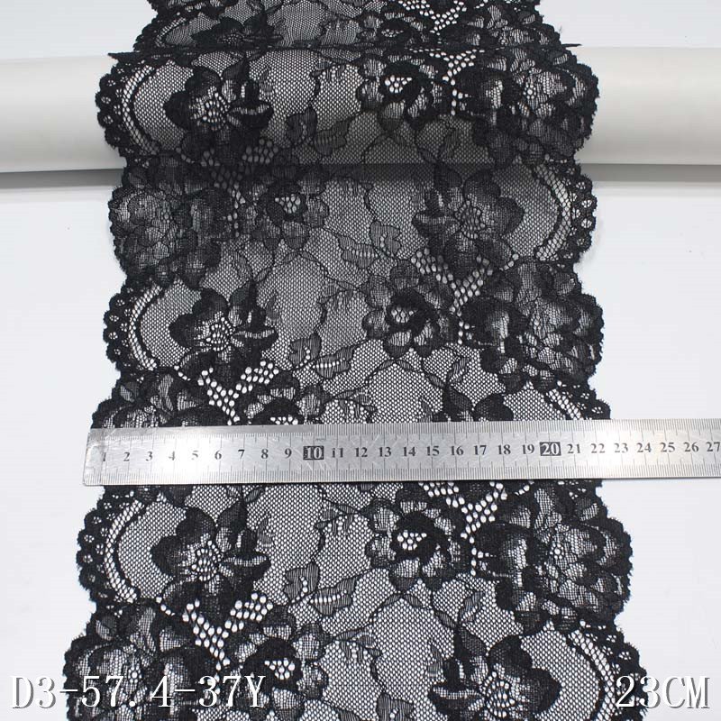 Romantic Black Red Flower Elastic Lace Trim 23cm Spandex Nylon Stretch Lace Fabric For Lingerie
