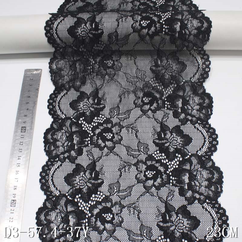 Romantic Black Red Flower Elastic Lace Trim 23cm Spandex Nylon Stretch Lace Fabric For Lingerie