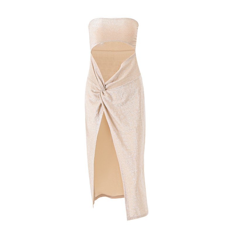 Summer Socialite Sexy Dress Off-Shoulder Kink Split Rib Long Waist Sleeveless Tight Waist Chest Hollowed-Out Dress Long skirt