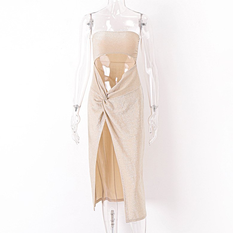 Summer Socialite Sexy Dress Off-Shoulder Kink Split Rib Long Waist Sleeveless Tight Waist Chest Hollowed-Out Dress Long skirt