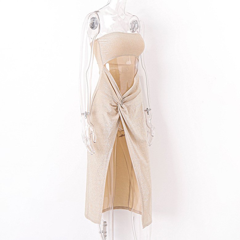 Summer Socialite Sexy Dress Off-Shoulder Kink Split Rib Long Waist Sleeveless Tight Waist Chest Hollowed-Out Dress Long skirt