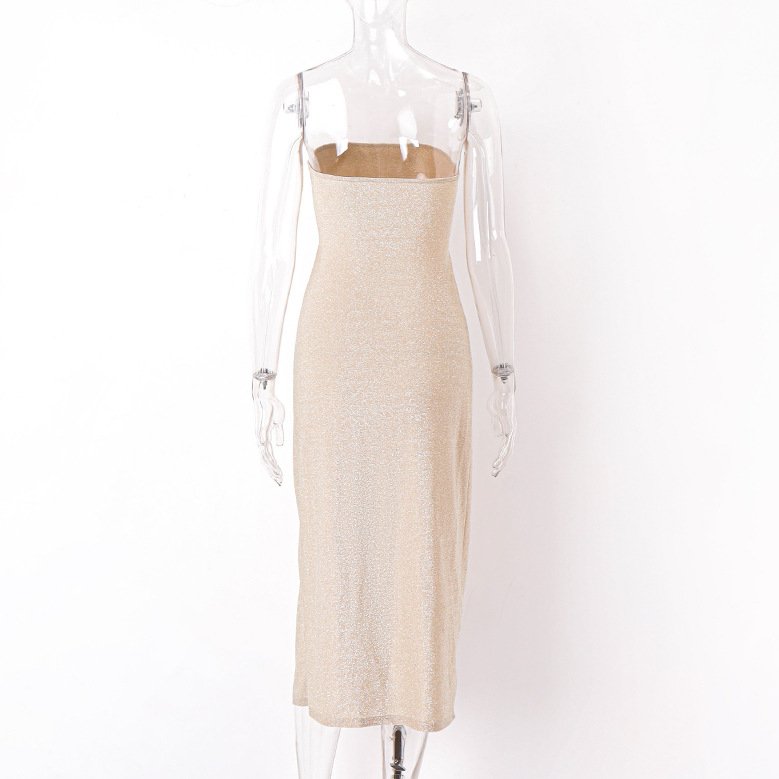 Summer Socialite Sexy Dress Off-Shoulder Kink Split Rib Long Waist Sleeveless Tight Waist Chest Hollowed-Out Dress Long skirt