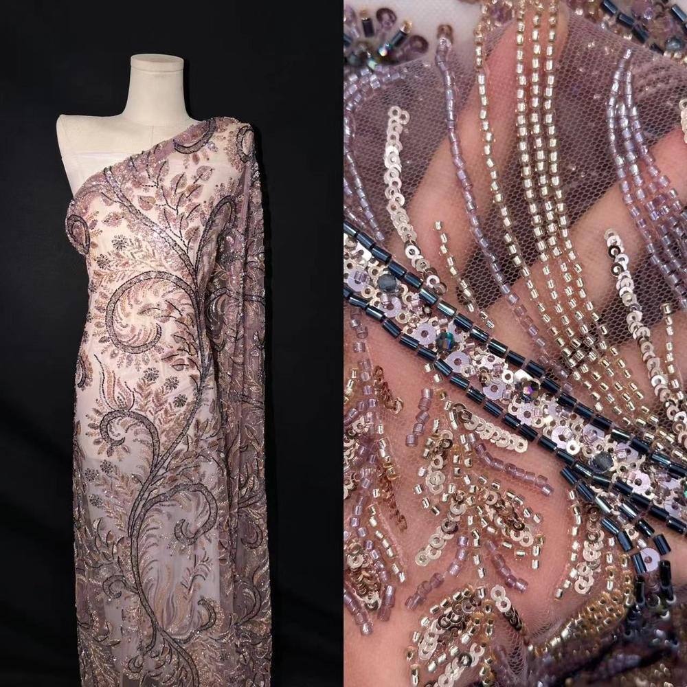 HFX Luxury African Beaded Lace Fabric 2024 High Quality 5 Yards Nigerian Sequins French Lace Fabric for Wedding Party Sewing