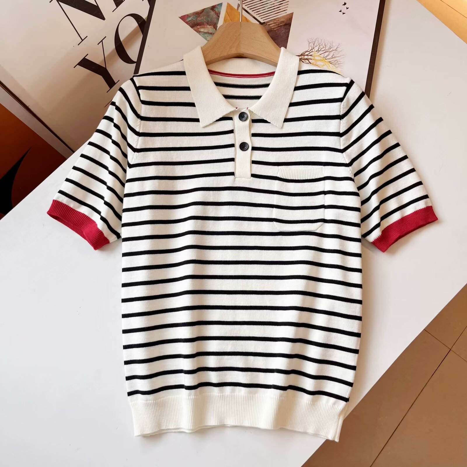 TAOP&ZA women's 2024 early autumn new short POLO collar pullover short-sleeved contrast color striped sweater