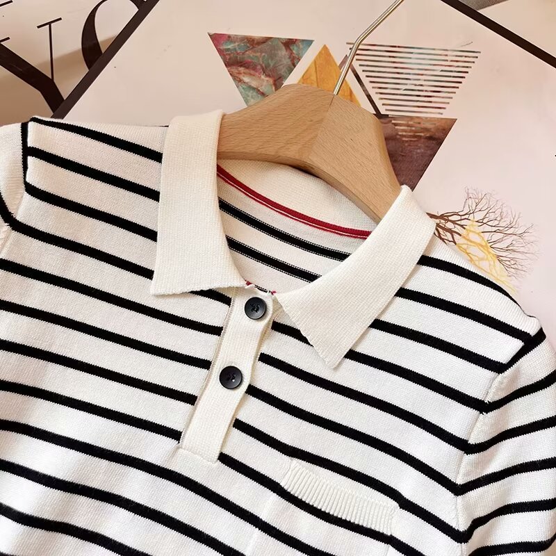 TAOP&ZA women's 2024 early autumn new short POLO collar pullover short-sleeved contrast color striped sweater