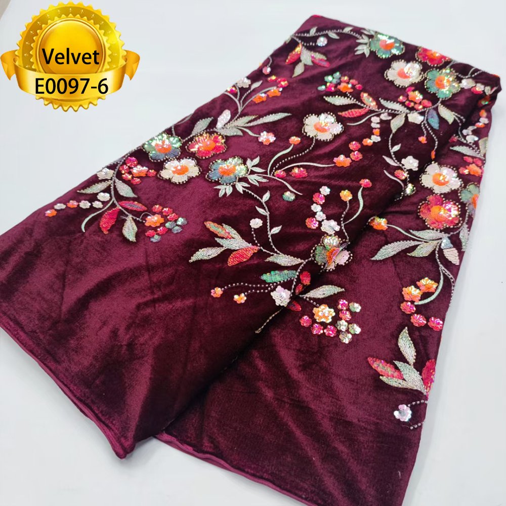 Embroidery flower ladies dress lace fabric african burgundy velvet lace fabric with sequins 2023